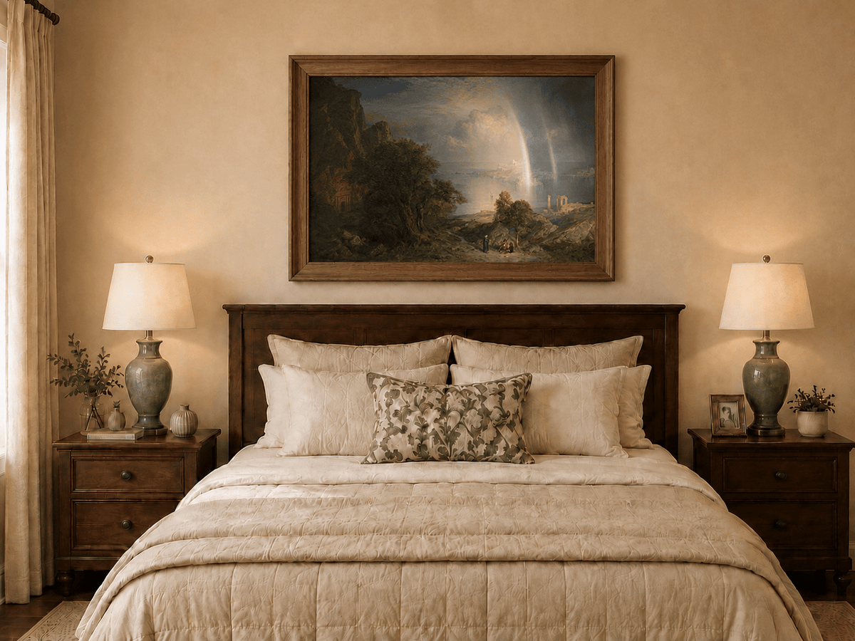 Hand-painted Aegean coastal ruins with rainbow displayed as decorative wall art.