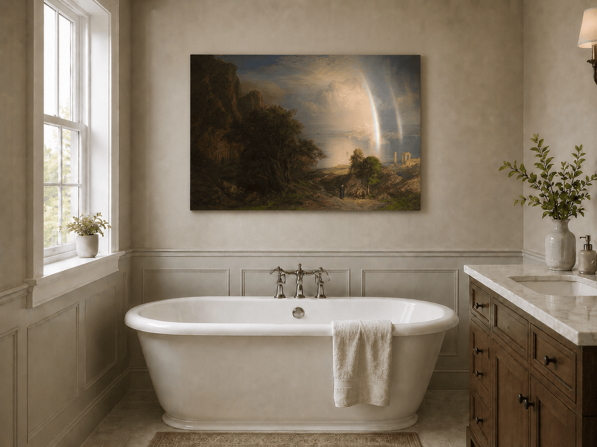 Coastal ruins with rainbow over the Aegean Sea landscape oil painting presented as styled home decor.