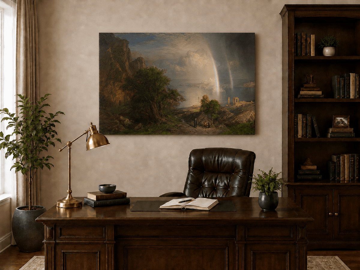 Interior wall art view featuring coastal ruins and rainbow over the Aegean Sea oil painting.