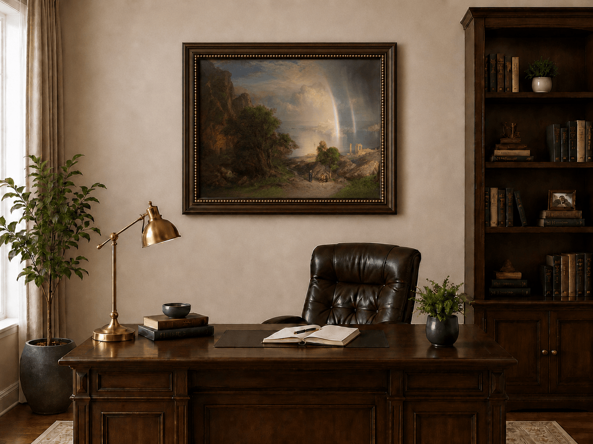 Rainbow over coastal ruins by the Aegean Sea landscape oil painting presented in an interior wall art mockup.