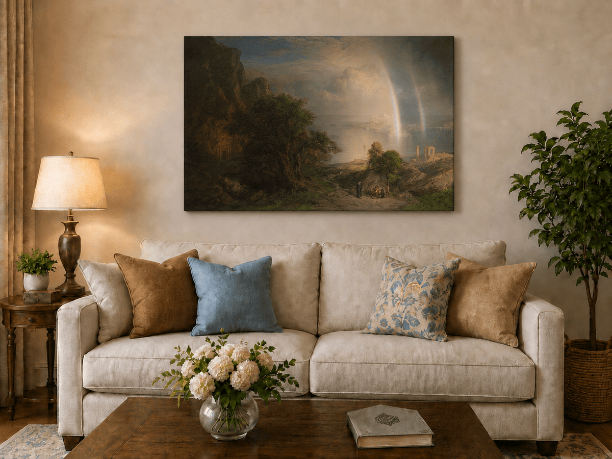 Rainbow and Aegean ruins hand-painted oil artwork displayed in a second interior view.