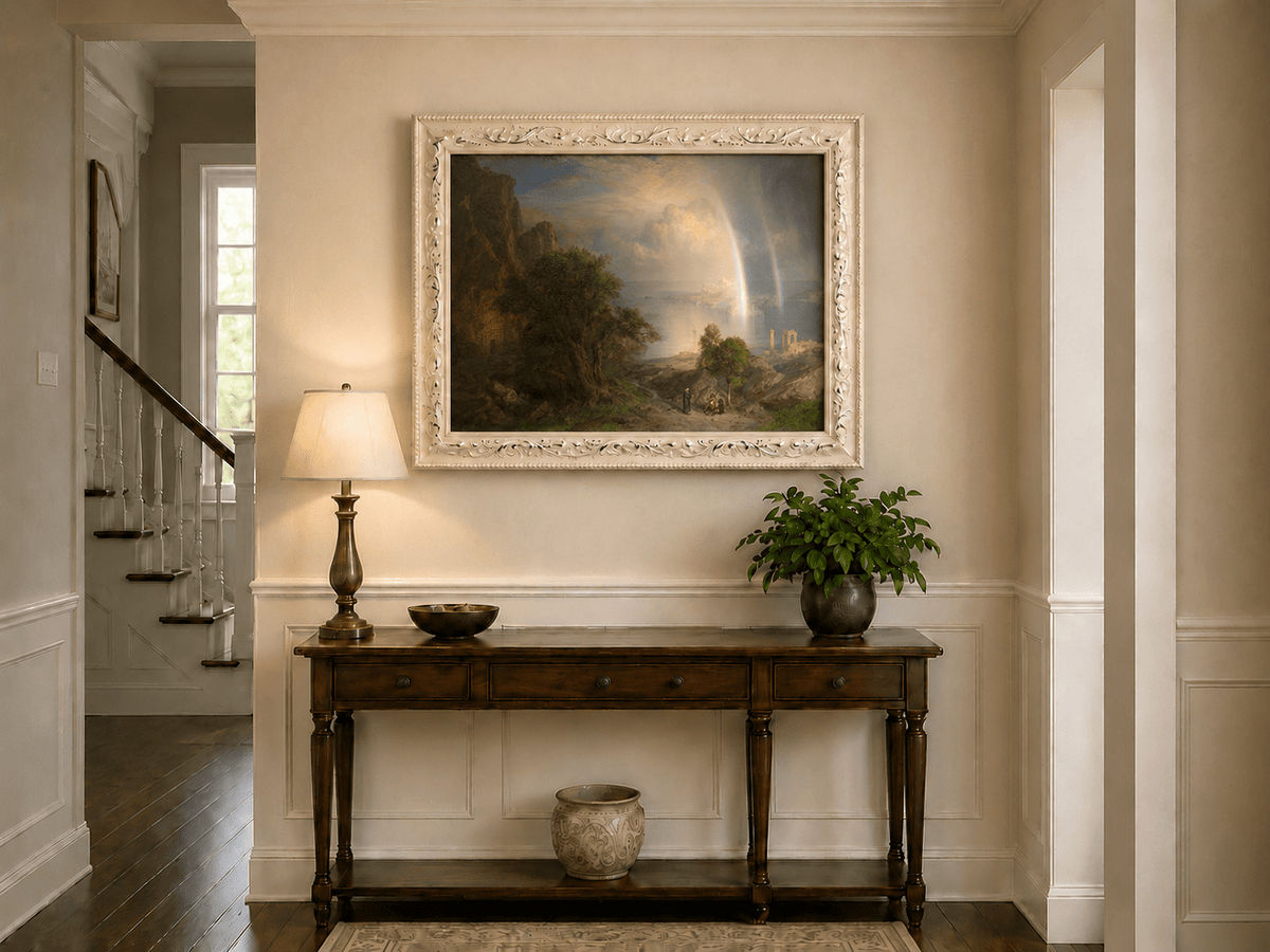 Aegean coastal ruins and rainbow hand-painted oil artwork shown as home wall decor.