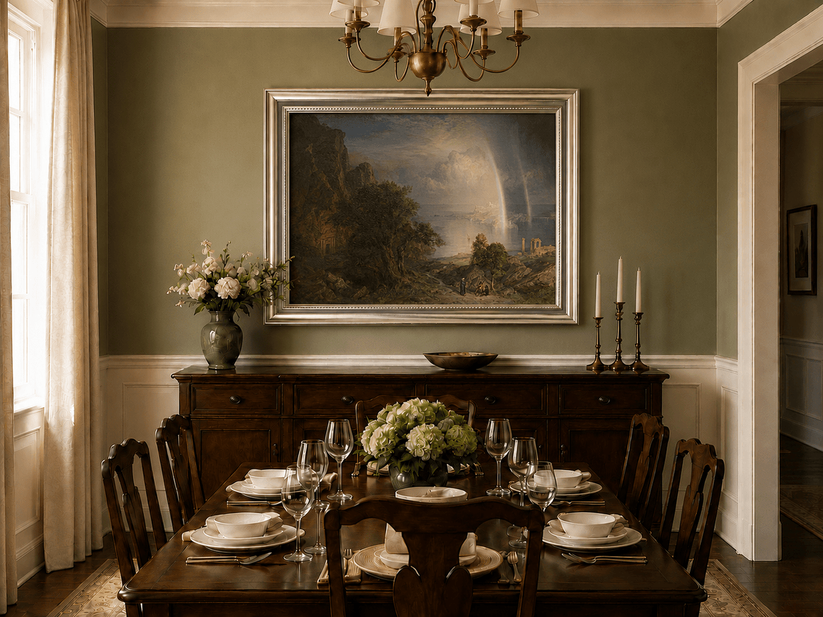 Aegean Sea ruins and rainbow oil landscape artwork shown in a styled home interior.