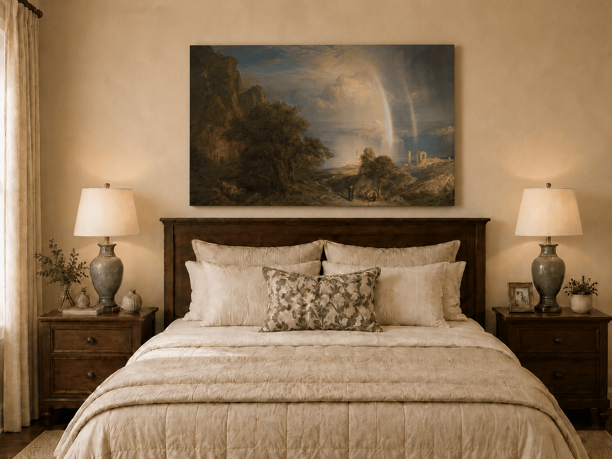 Aegean coastal ruins oil painting displayed as landscape wall decor.