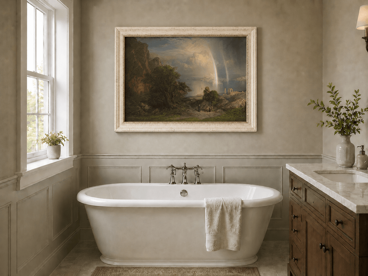 Coastal ruins landscape oil painting presented as interior home decor.