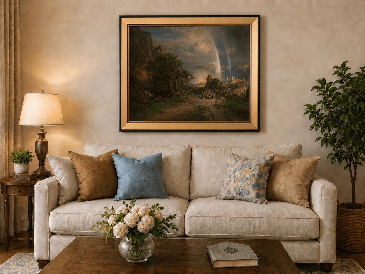 Coastal ruins with rainbow over the Aegean Sea landscape oil painting displayed in a styled home interior.