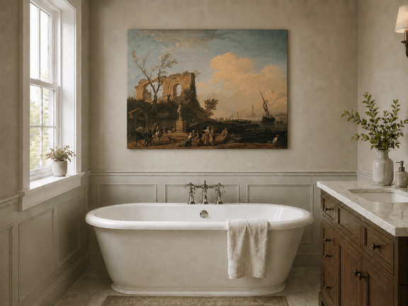 Coastal ruins with figures and ships landscape oil painting presented as styled home decor.