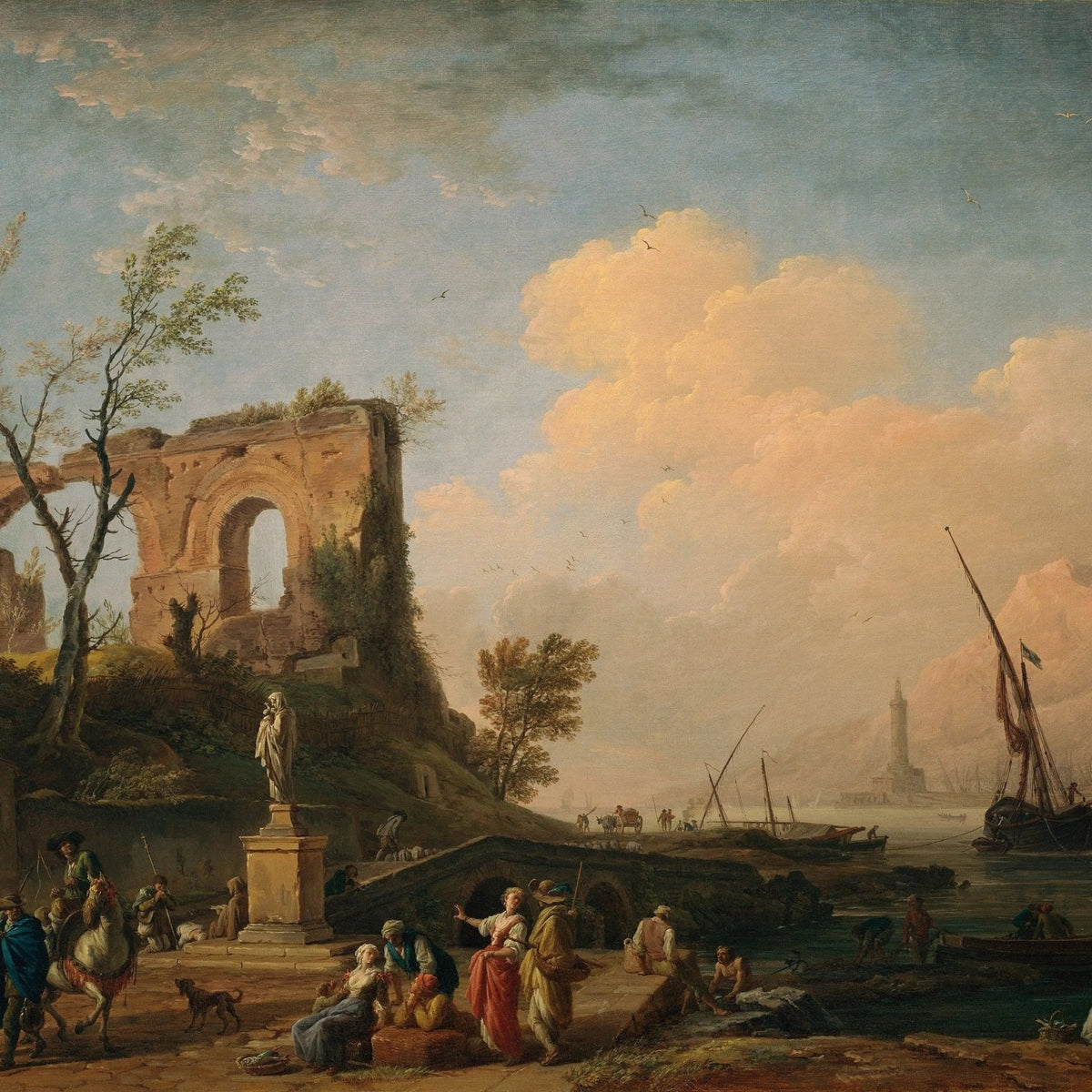 Landscape Oil Painting - Coastal Ruins with Figures & Ships - Oil Painting Haven