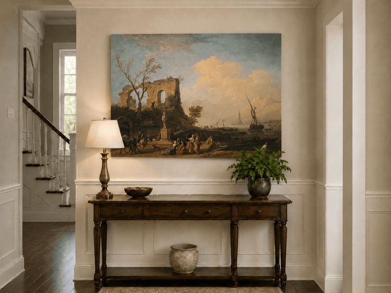 Coastal ruins landscape painting shown as decorative oil wall art.