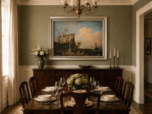 Coastal ruins and sailing ships oil landscape artwork shown in a styled home interior.