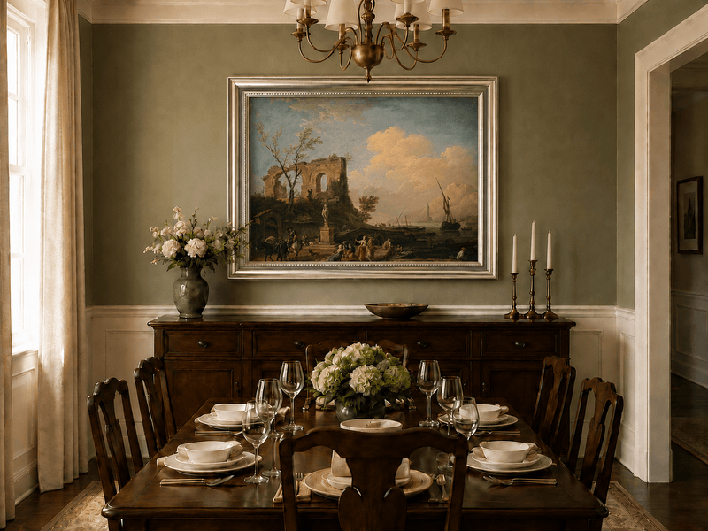 Coastal ruins and sailing ships oil landscape artwork shown in a styled home interior.