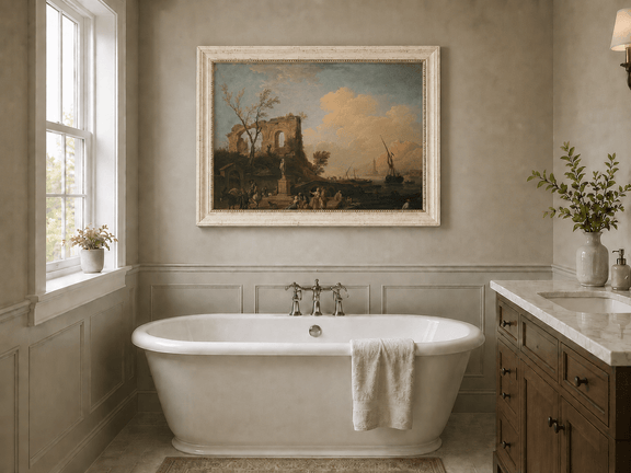 Coastal ruins with figures landscape oil painting presented as interior home decor.