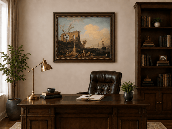 Coastal ruins with figures and ships landscape oil painting presented in an interior wall art mockup.