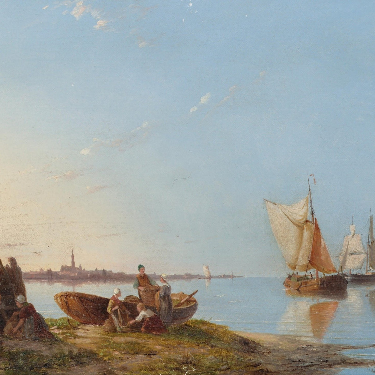 Hand-painted coastal sailboats and fisherfolk at dawn landscape oil painting on canvas