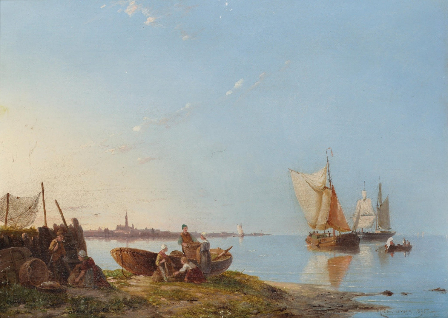Hand-painted coastal sailboats and fisherfolk at dawn landscape oil painting on canvas
