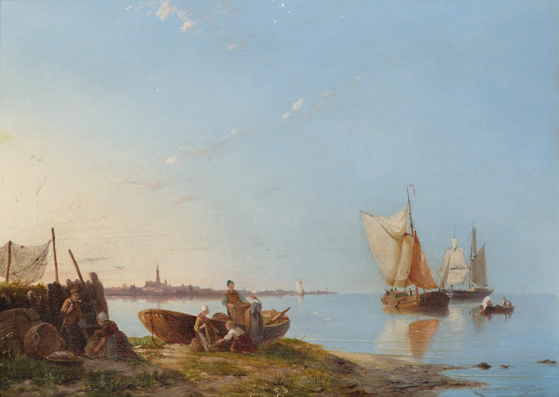 Hand-painted coastal sailboats and fisherfolk at dawn landscape oil painting on canvas