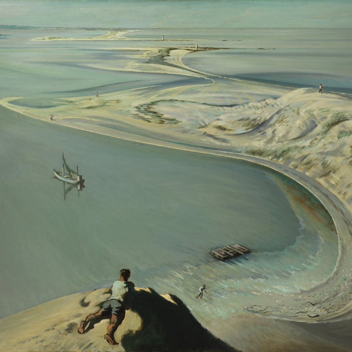 Landscape Oil Painting - Coastal Sandbar with Boat and Figures