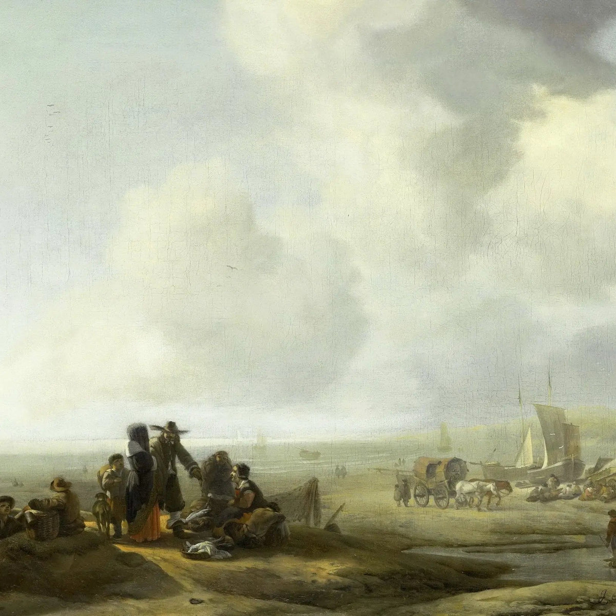 Landscape Oil Painting - Coastal Scene with Figures and Ships Wall Art - Oil Painting Haven