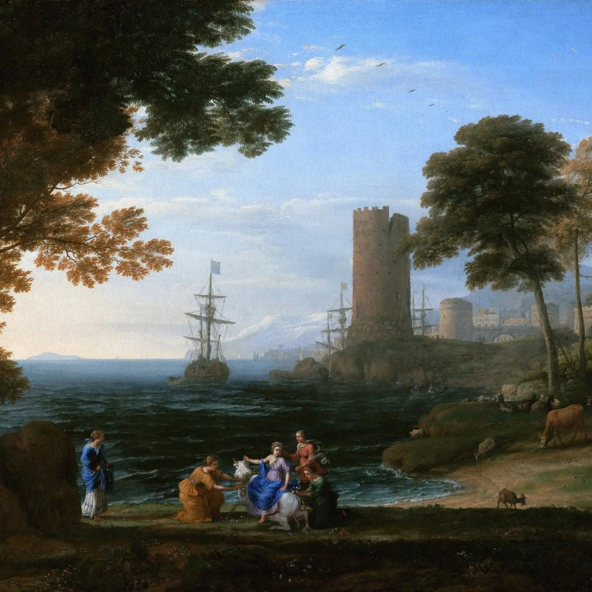 Landscape Oil Painting - Coastal Scene with Figures, Ships & Castle - Oil Painting Haven