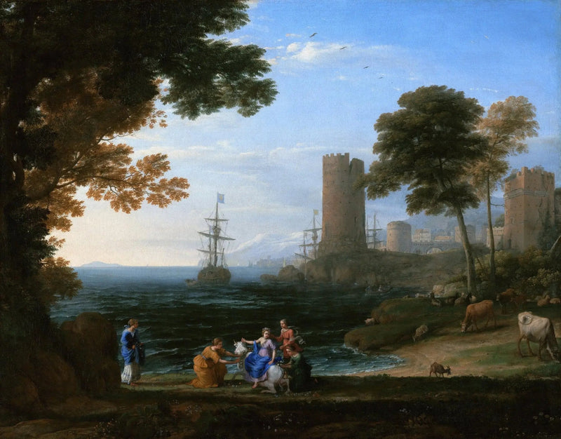 Landscape Oil Painting - Coastal Scene with Figures, Ships & Castle - Oil Painting Haven