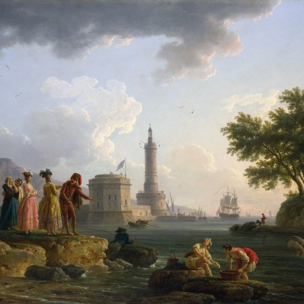 Landscape Oil Painting - Coastal Scene with Lighthouse & Figures - Oil Painting Haven