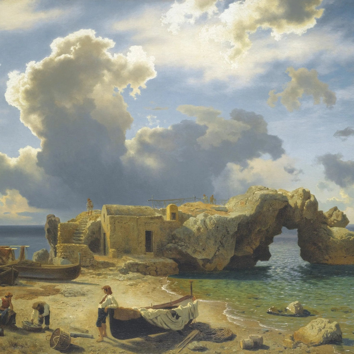 Landscape Oil Painting - Coastal Scene with Rocks, Boats & Figures - Oil Painting Haven