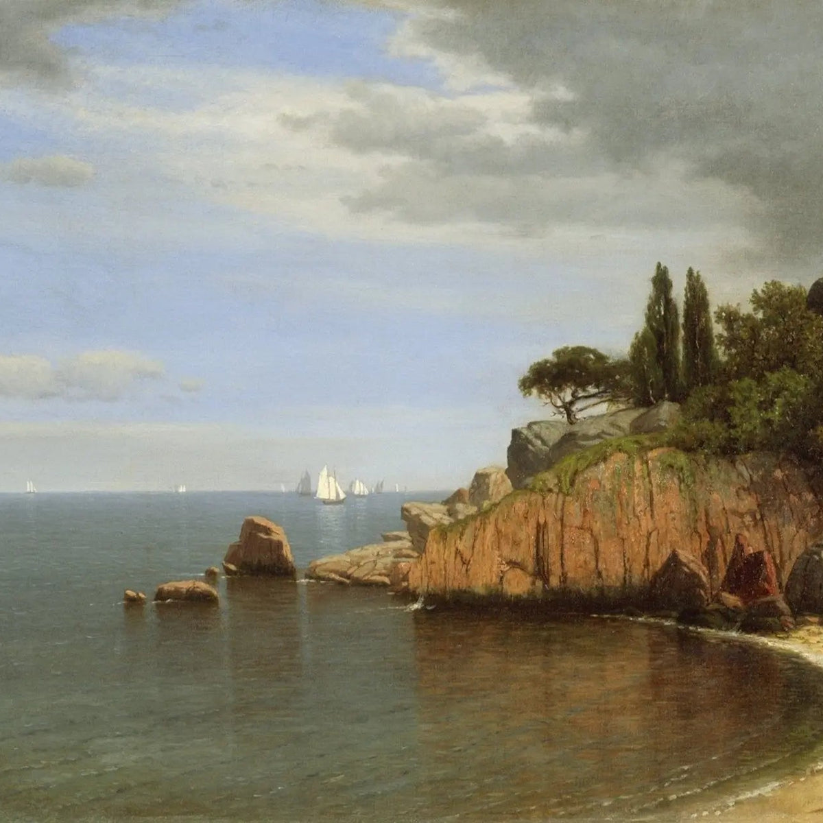 Landscape Oil Painting - Coastal Scene with Ships and Rocks - Oil Painting Haven