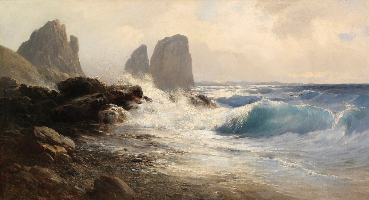 Landscape Oil Painting - coastal seascape crashing waves sea stacks rocky - Oil Painting Haven