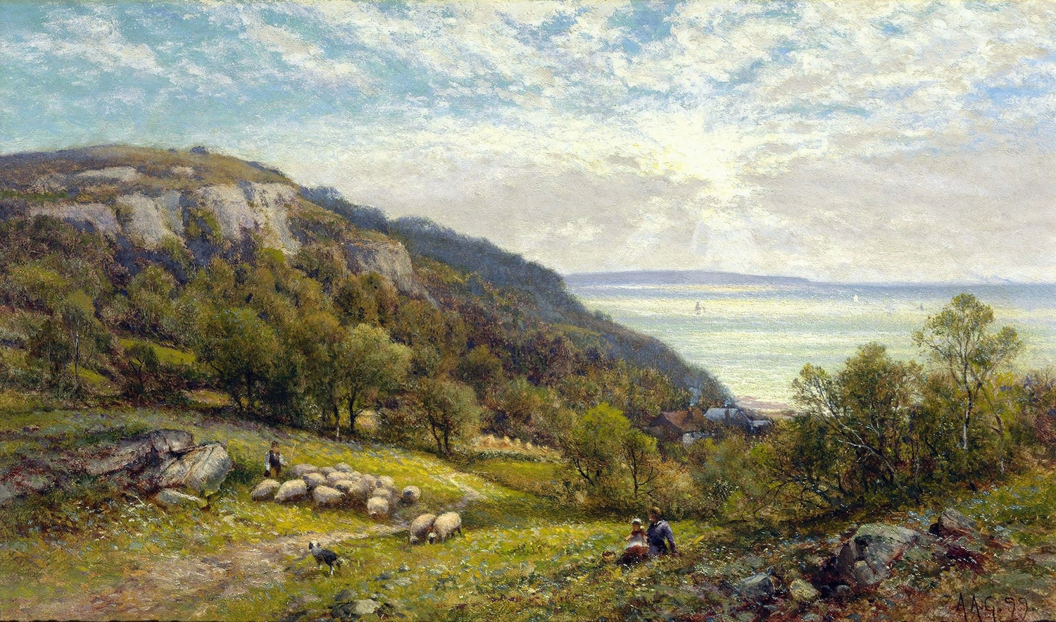 Landscape Oil Painting - Coastal Sheep Meadow and Sea View - Oil Painting Haven