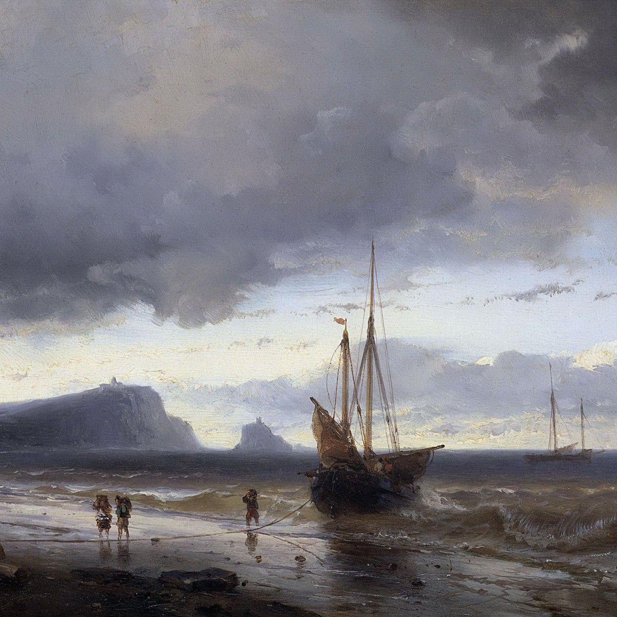 Landscape oil painting of a coastal ship battling stormy seas with textured brushwork and dramatic grey skies on oil on. - Add Frame, Boat, Canvas, Coastal, Hand Painted, Landscape, Made To Order, Oil Painting, Seascape