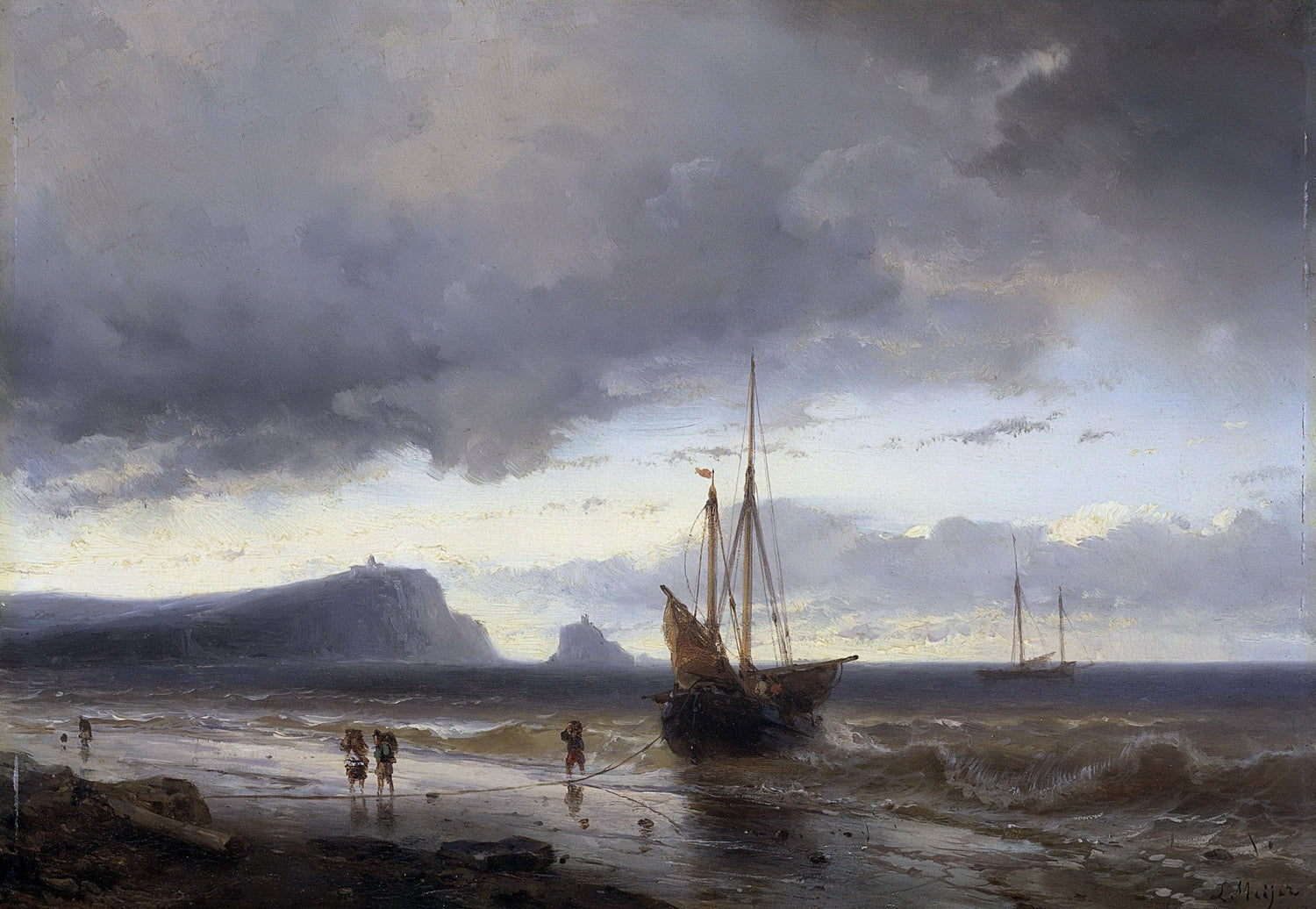 Landscape oil painting of a coastal ship battling stormy seas with textured brushwork and dramatic grey skies on oil on. - Add Frame, Boat, Canvas, Coastal, Hand Painted, Landscape, Made To Order, Oil Painting, Seascape