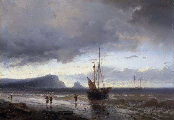 Landscape oil painting of a coastal ship battling stormy seas with textured brushwork and dramatic grey skies on oil on. - Add Frame, Boat, Canvas, Coastal, Hand Painted, Landscape, Made To Order, Oil Painting, Seascape