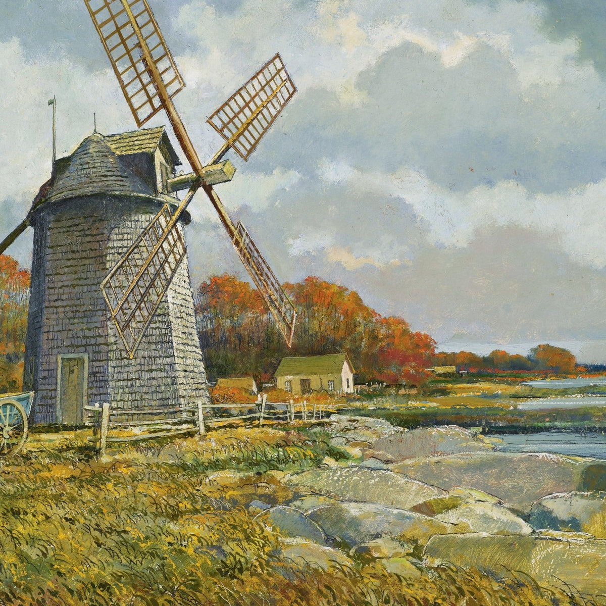 Landscape Oil Painting - Coastal Stone Windmill & Autumn Foliage - Oil Painting Haven