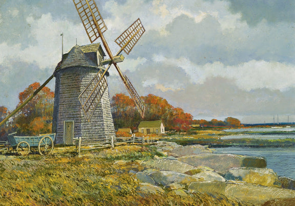 Landscape Oil Painting - Coastal Stone Windmill & Autumn Foliage - Oil Painting Haven
