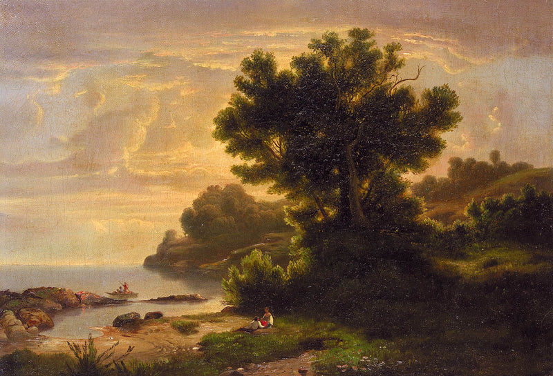 Landscape Oil Painting - Coastal Sunset Shore with Resting Figures - Oil Painting Haven