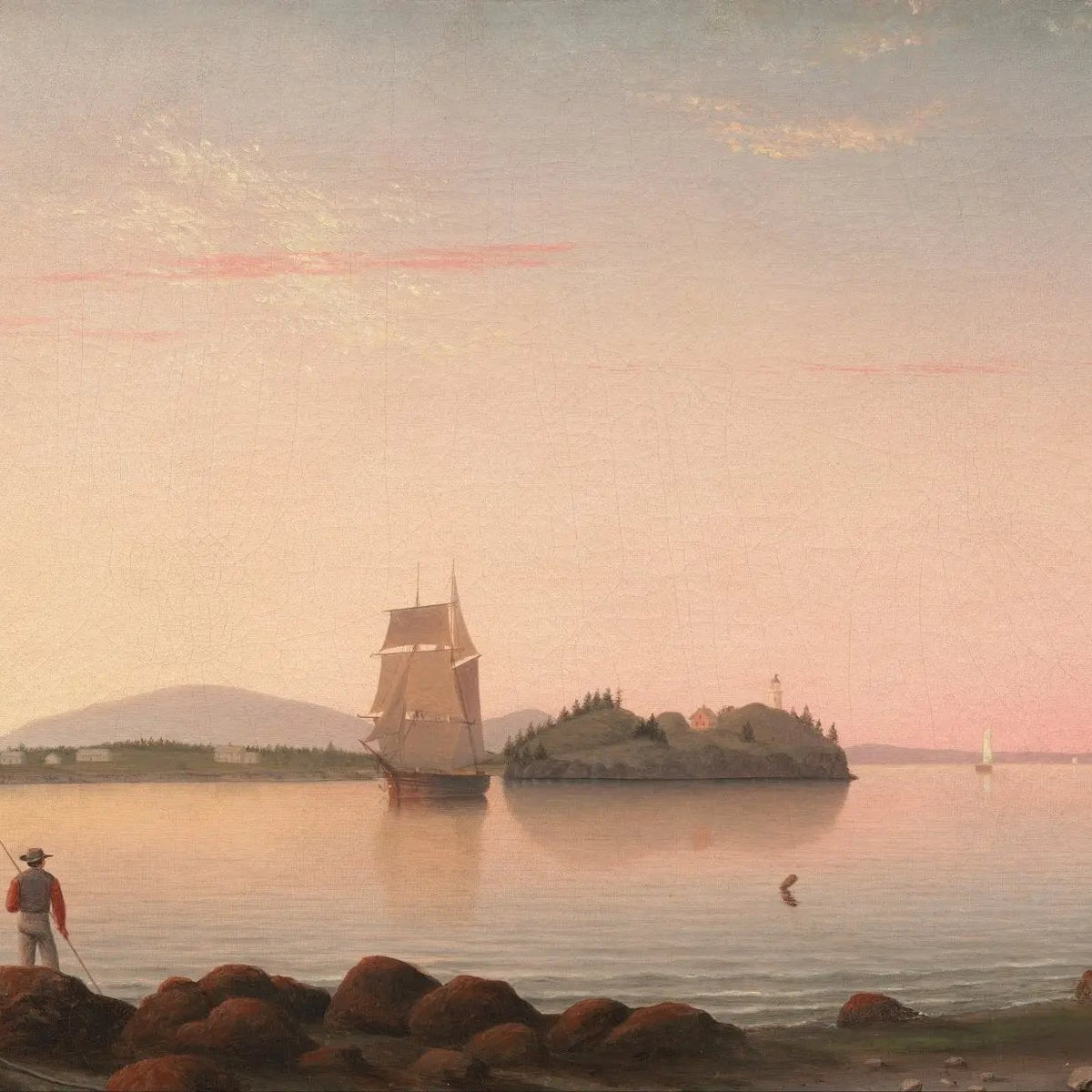 Landscape Oil Painting - Coastal Sunset with Sailboat and Figure Wall Art - Oil Painting Haven