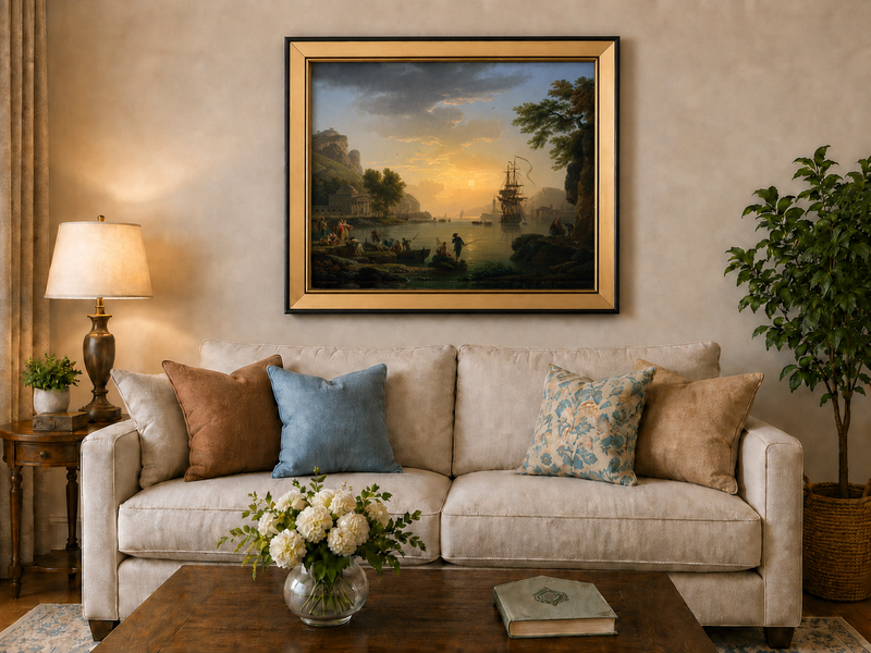 Coastal sunset with ships and figures landscape oil painting displayed in a styled home interior.