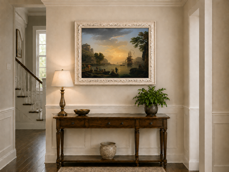 Coastal sunset with ships and figures hand-painted oil artwork shown as home wall decor.