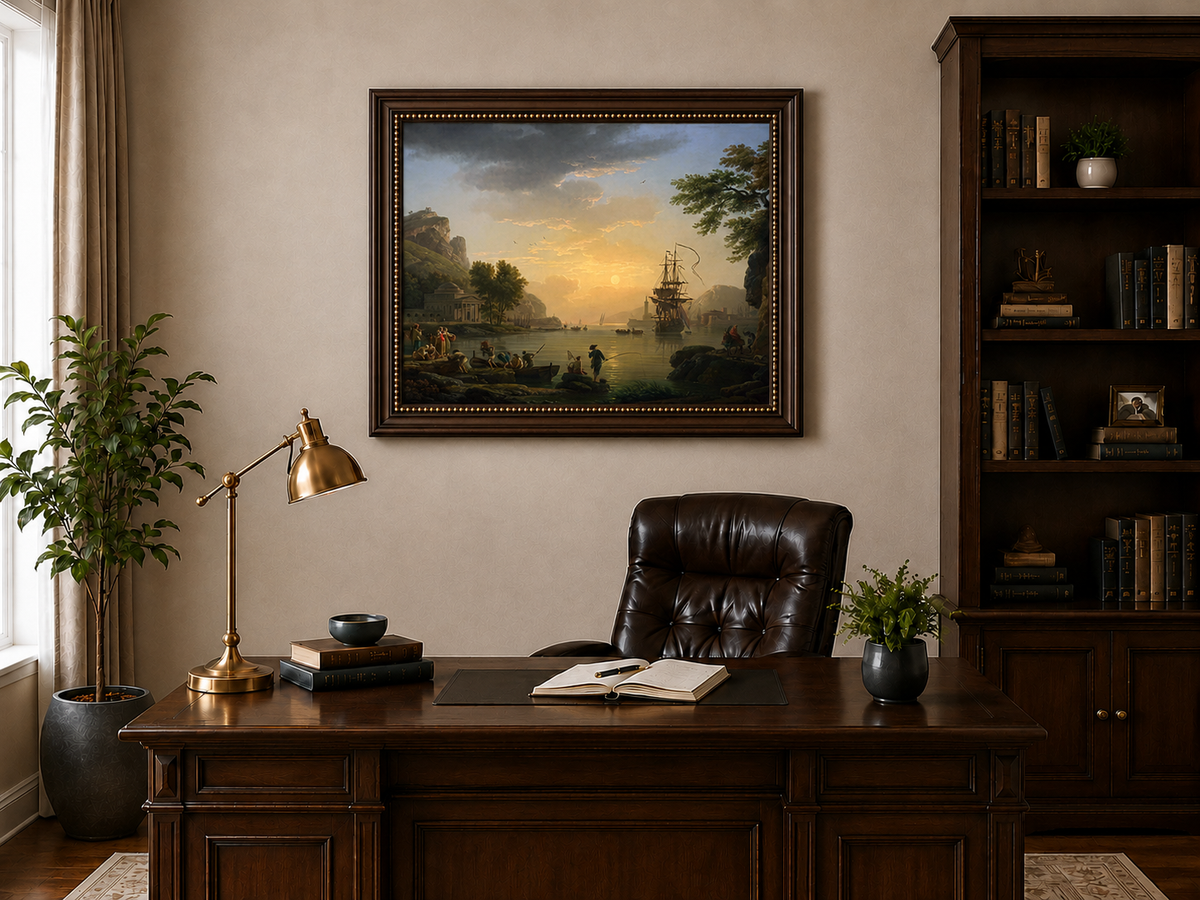 Coastal sunset, sailing ships and figures landscape oil painting presented in an interior wall art mockup.