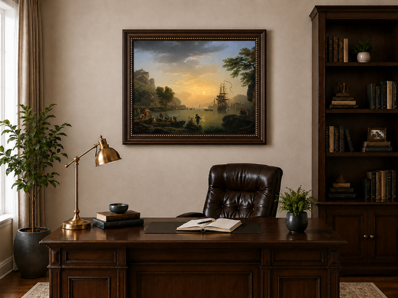 Coastal sunset, sailing ships and figures landscape oil painting presented in an interior wall art mockup.