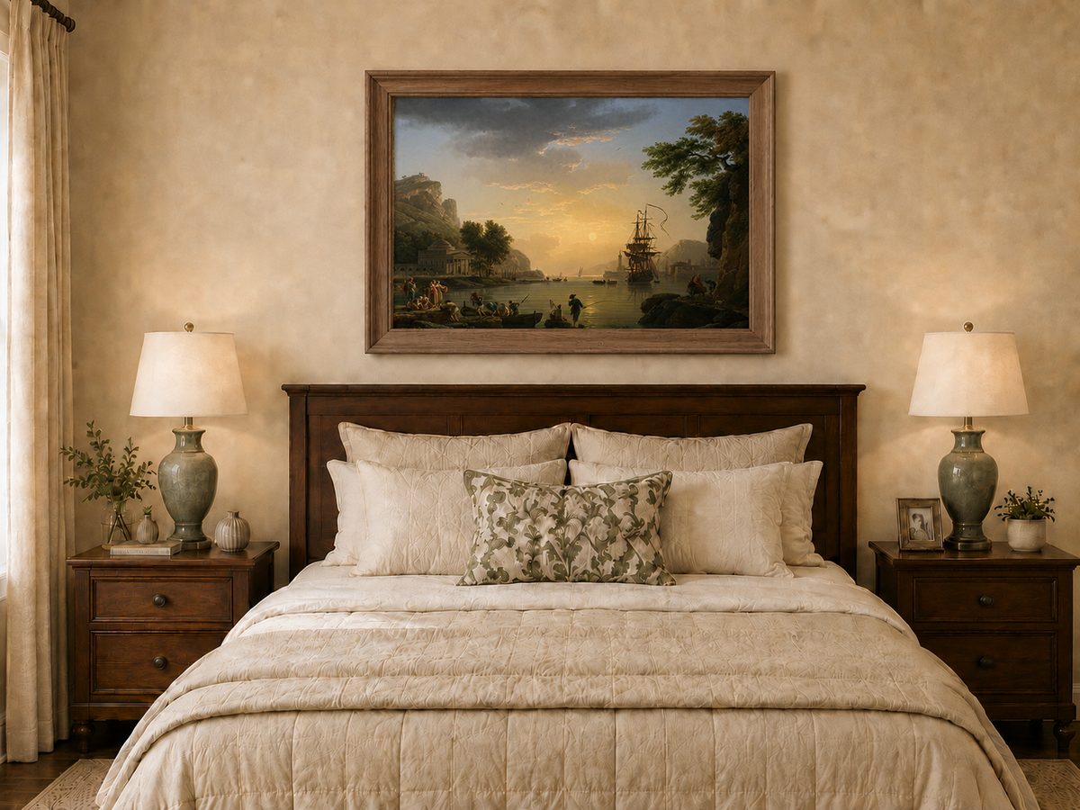 Hand-painted coastal sunset with ships and figures displayed as decorative wall art.