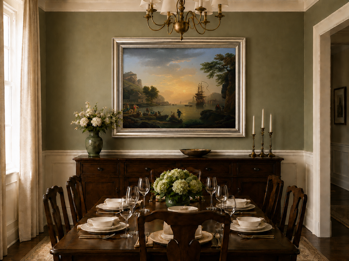 Coastal sunset and sailing ships oil landscape artwork shown in a styled home interior.