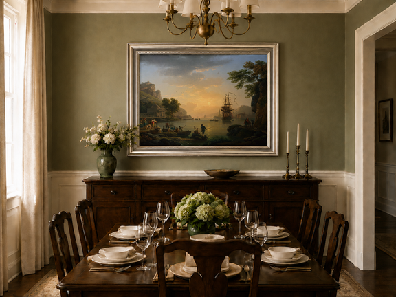 Coastal sunset and sailing ships oil landscape artwork shown in a styled home interior.