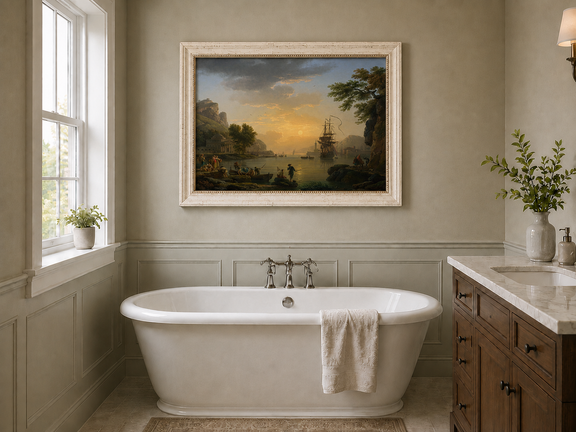 Coastal sunset with figures landscape oil painting presented as interior home decor.