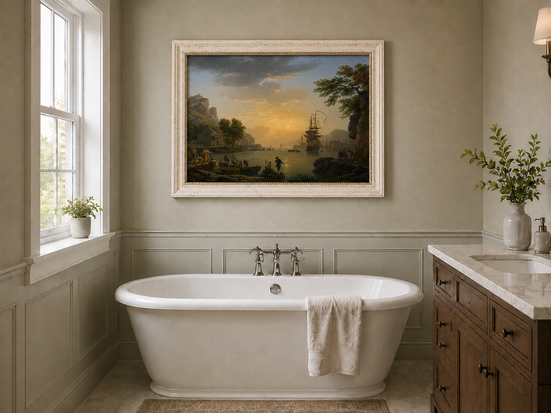 Coastal sunset with figures landscape oil painting presented as interior home decor.