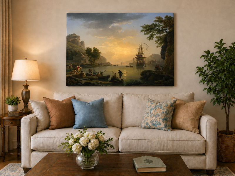 Coastal sunset and ships hand-painted oil artwork displayed in a second interior view.