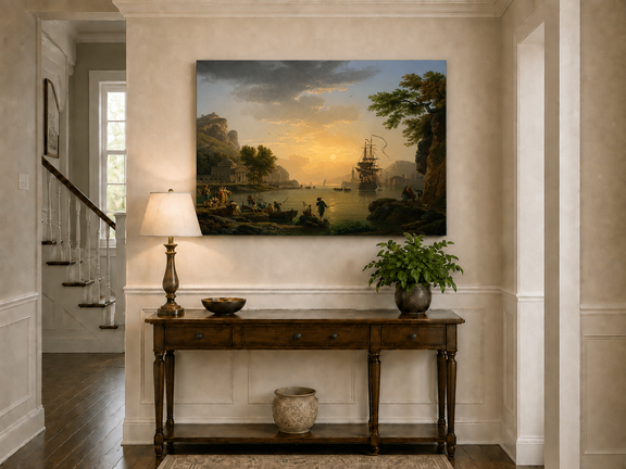 Coastal ships at sunset landscape painting shown as decorative oil wall art.