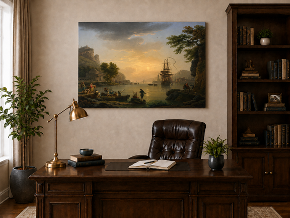 Interior wall art view featuring a coastal sunset with ships and figures oil painting.