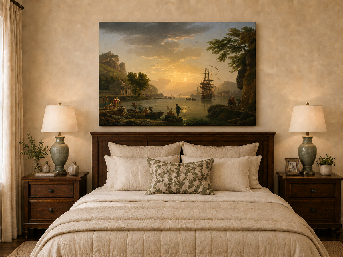Coastal sunset with ships oil painting displayed as landscape wall decor.
