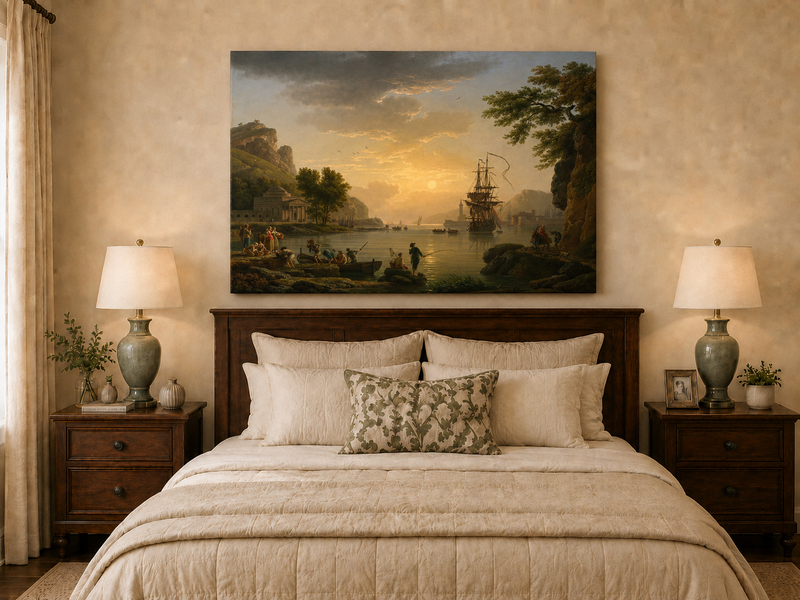 Coastal sunset with ships oil painting displayed as landscape wall decor.